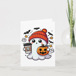Cute Halloween Ghost With Pumpkin And Coffee Card