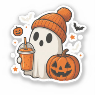 Cute Halloween Ghost with Pumpkin and Drink 