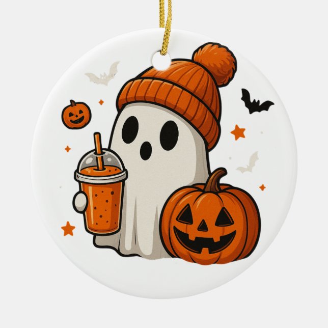 Cute Halloween Ghost with Pumpkin and Drink  Ceramic Ornament (Front)
