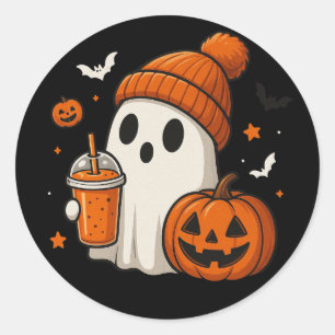 Cute Halloween Ghost with Pumpkin and Drink  Classic Round Sticker