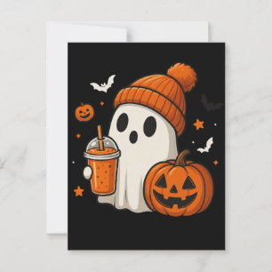 Cute Halloween Ghost with Pumpkin and Drink Postcard