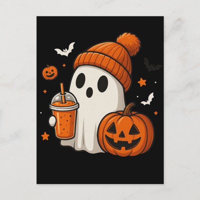 Cute Halloween Ghost with Pumpkin and Drink  Postcard (Front)