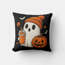 Cute Halloween Ghost with Pumpkin and Drink 