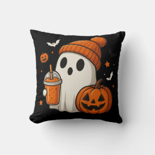 Cute Halloween Ghost with Pumpkin and Drink  Throw Pillow