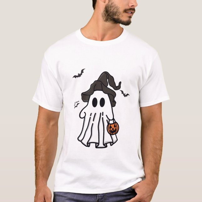 Cute Halloween Ghost with Witch Hat and Pumpkin T-Shirt (Front)