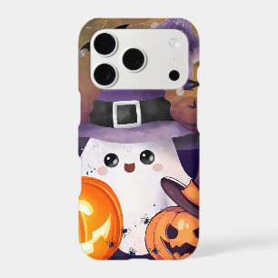 Cute Halloween Ghost with Witch Hat and Pumpkins