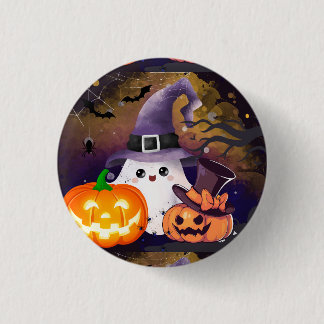 Cute Halloween Ghost with Witch Hat and Pumpkins 1 Inch Round Button
