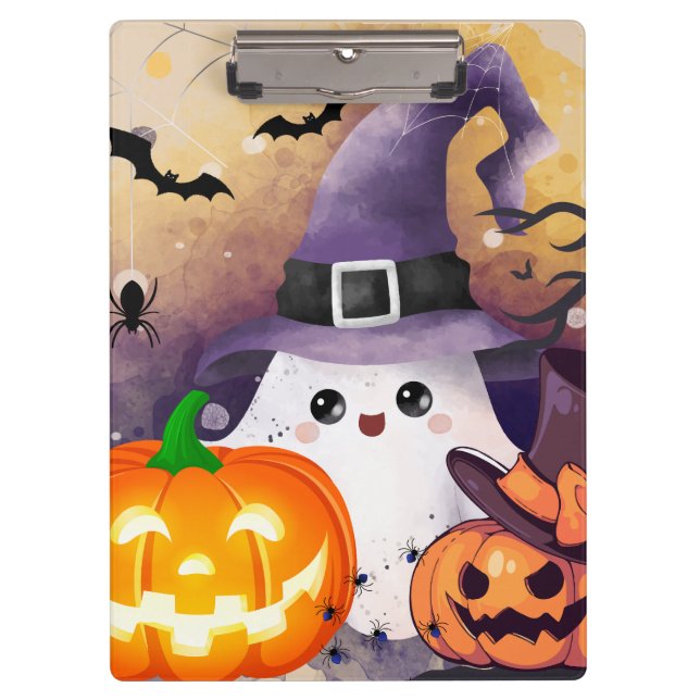 Cute Halloween Ghost with Witch Hat and Pumpkins Clipboard (Front)