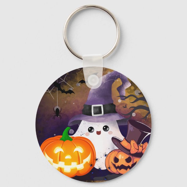 Cute Halloween Ghost with Witch Hat and Pumpkins Keychain (Front)