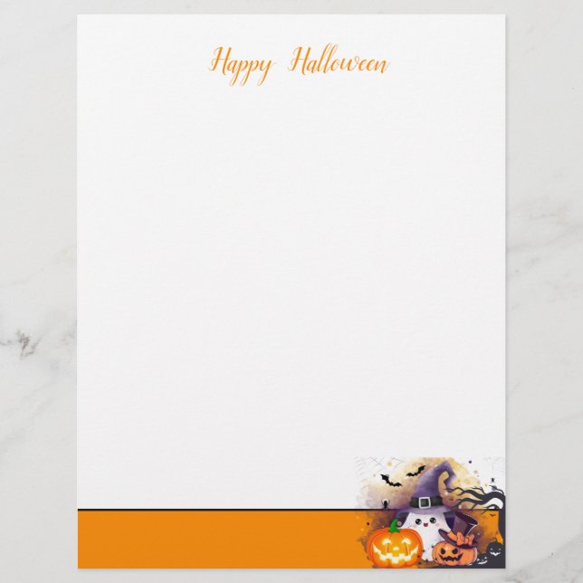 Cute Halloween Ghost with Witch Hat and Pumpkins Letterhead (Front)