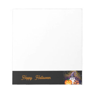 Cute Halloween Ghost with Witch Hat and Pumpkins Notepad