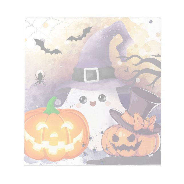 Cute Halloween Ghost with Witch Hat and Pumpkins Notepad (Front)