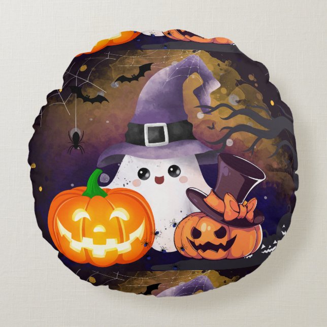 Cute Halloween Ghost with Witch Hat and Pumpkins Round Pillow (Front)