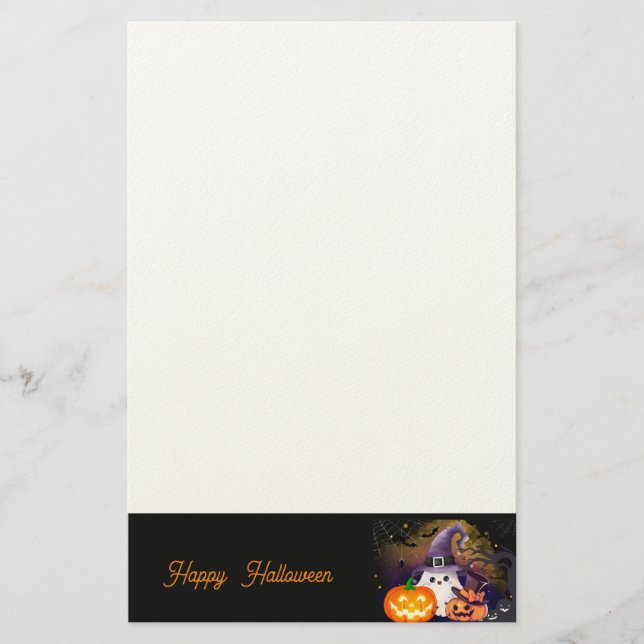 Cute Halloween Ghost with Witch Hat and Pumpkins Stationery (Front)