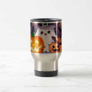 Cute Halloween Ghost with Witch Hat and Pumpkins Travel Mug
