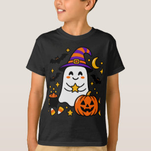 Cute Halloween Ghost with Witch Hat, Pumpkin & Moo T-Shirt