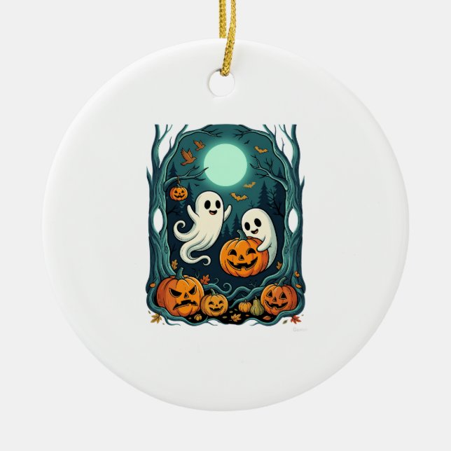 Cute Halloween Ghosts and Jack O Lantern Forest (2 Ceramic Ornament (Front)