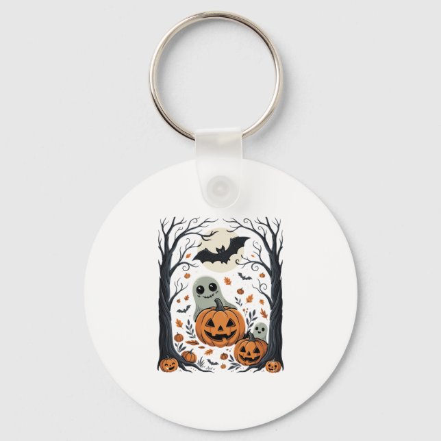 Cute Halloween Ghosts and Jack O Lantern Forest Keychain (Front)