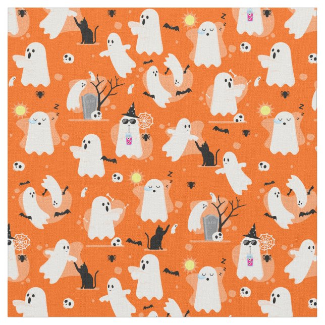 cute halloween ghosts black cat orange fabric (Close Up)