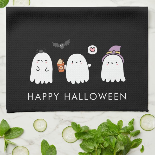 Cute Halloween Ghosts Black Kitchen Towel (Folded)