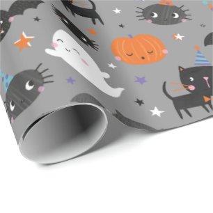 Cute Halloween Ghosts, Cats, Bats and Pumpkins Wrapping Paper