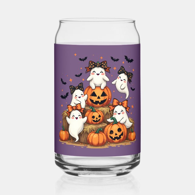 Cute Halloween Ghosts In Coquette Bows & Pumpkins Can Glass (Front)