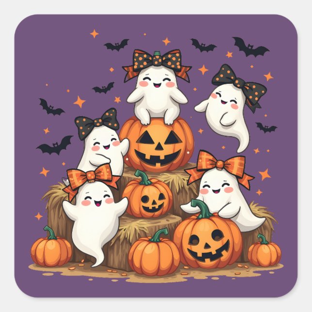 Cute Halloween Ghosts In Coquette Bows & Pumpkins Square Sticker (Front)