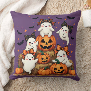 Cute Halloween Ghosts In Coquette Bows & Pumpkins Throw Pillow