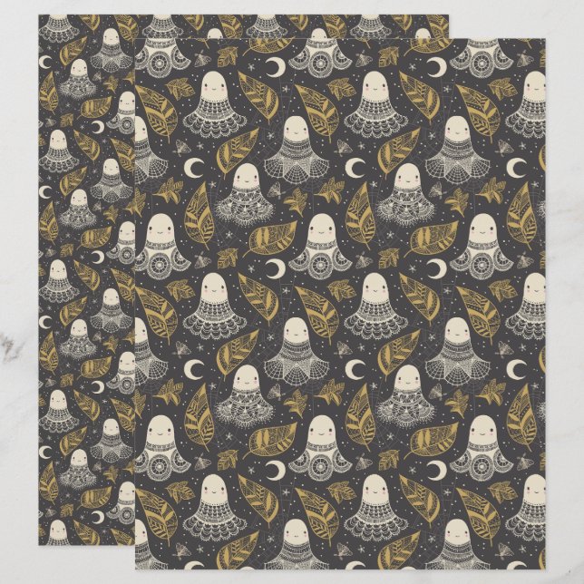Cute Halloween Ghosts Lace - Gold Scrapbook Paper (Front/Back)