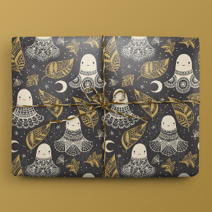 Cute Halloween Ghosts Lace - Gold Wrapping Paper