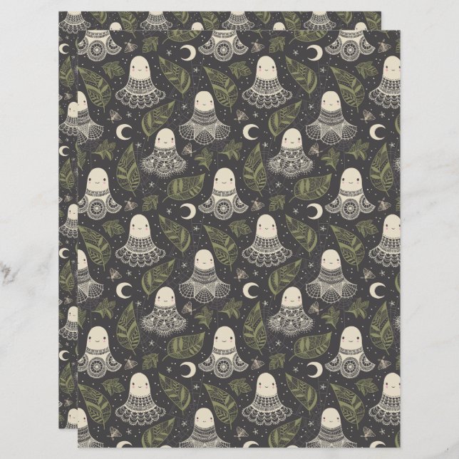 Cute Halloween Ghosts Lace - Green Scrapbook Paper (Front/Back)