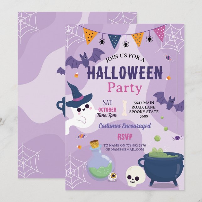 Cute Halloween Ghosts Party Pumpkins Girls Invitation (Front/Back)