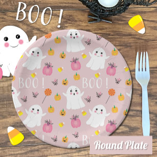 Cute Halloween Ghosts Pink Paper Plate