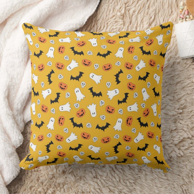 Cute Halloween Ghosts, Pumpkins, Skulls, Bats  Throw Pillow (Blanket)