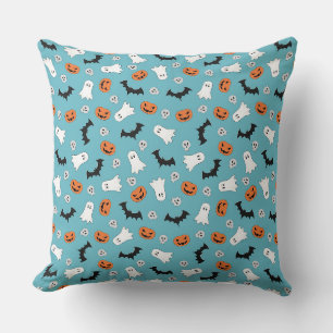 Cute Halloween Ghosts, Pumpkins, Skulls, Bats  Throw Pillow