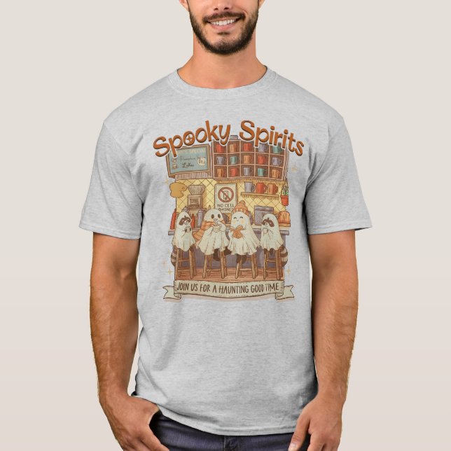 Cute Halloween Ghosts Raccoons Pumpkin Spice Cafe  T-Shirt (Front)