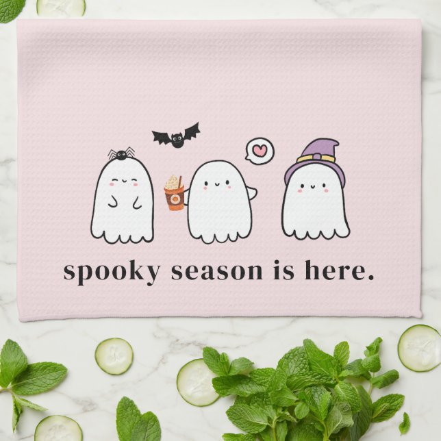 Cute Halloween Ghosts Spooky Season Pink Kitchen Towel (Folded)