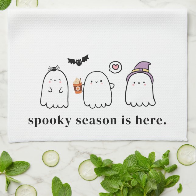 Cute Halloween Ghosts Spooky Season White Kitchen Towel (Folded)