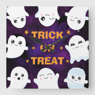 Cute Halloween Ghosts Trick or Treat Square Wall Clock