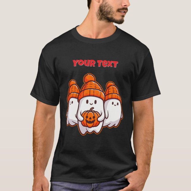 Cute Halloween Ghosts with Pumpkin and Orange Bean T-Shirt (Front)