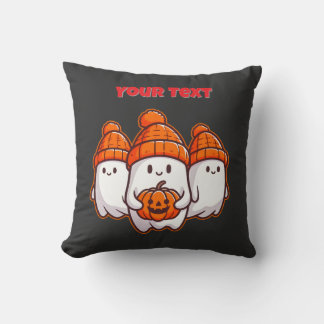 Cute Halloween Ghosts with Pumpkin and Orange Bean Throw Pillow