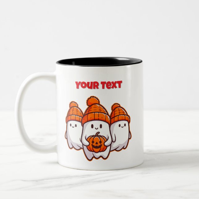 Cute Halloween Ghosts with Pumpkin and Orange Bean Two-Tone Coffee Mug (Left)