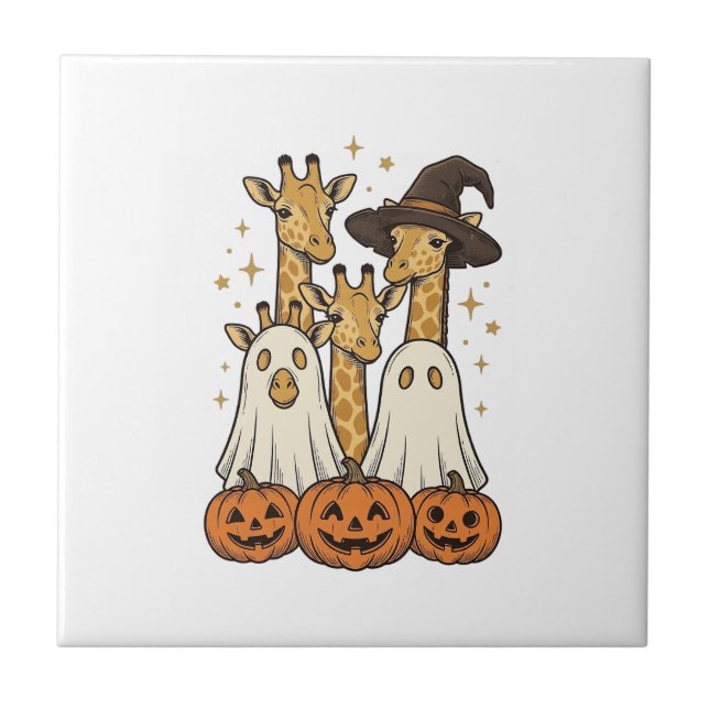 Cute Halloween Giraffe Ghost Pumpkin Shirt Design_ Tile (Front)