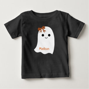Cute Halloween Girl Ghost Plaid Bow Kids Name Baby T-Shirt