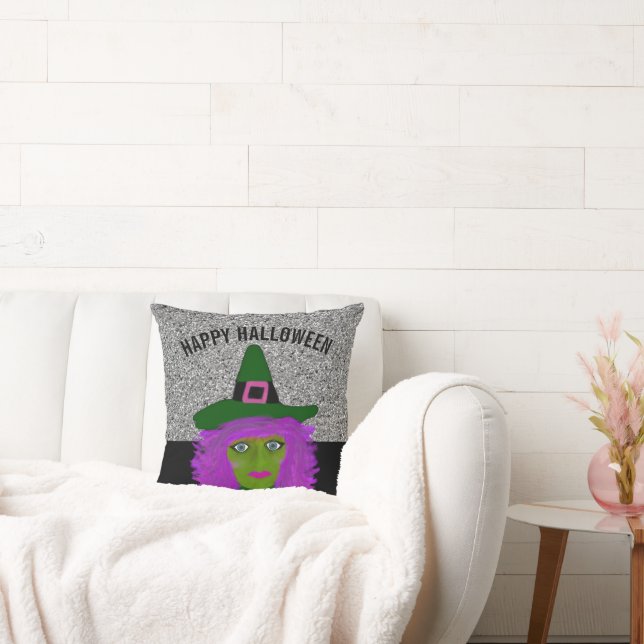 Cute Halloween Glam Witch Black Silver Glitter Throw Pillow (Couch)