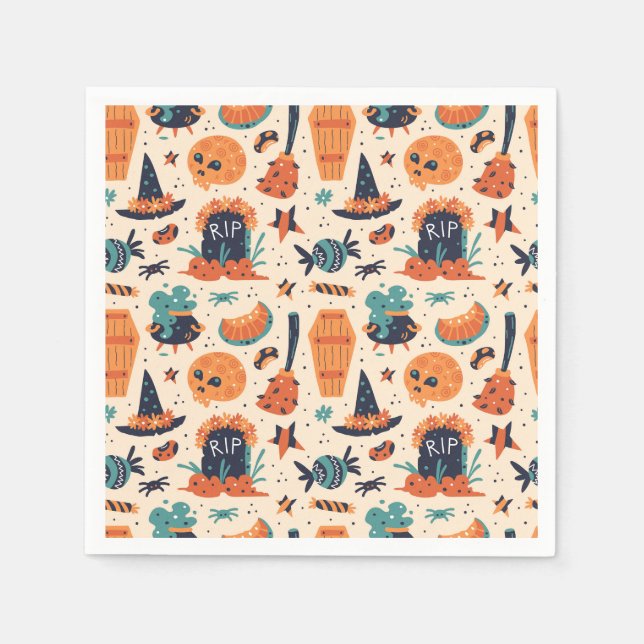 Cute Halloween Gravestone & Cauldrons  Napkin (Front)