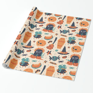 Cute Halloween Gravestone & Cauldrons Wrapping Paper