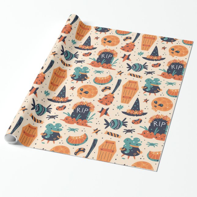Cute Halloween Gravestone & Cauldrons  Wrapping Paper (Unrolled)