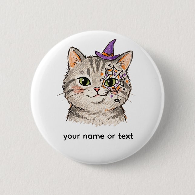 Cute Halloween Grey Tabby Cat Spiderweb Face Paint 2 Inch Round Button (Front)