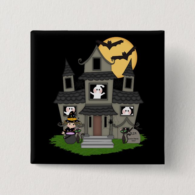 Cute Halloween haunted house and little witch 2 Inch Square Button (Front)